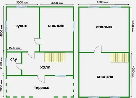 Dispunerea și desene ale caselor de la un bar 6x6, 8x8, 9x9, 8x10 6x8, pod 10x10 cu sau fără