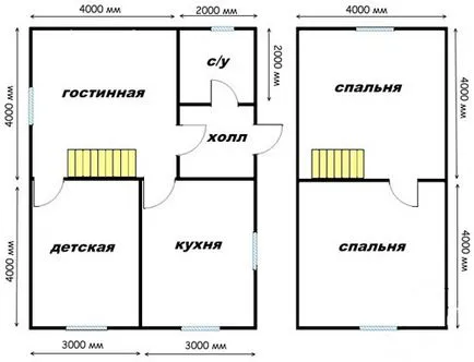 Разпределение и чертежи на къщи от един бар 6x6, 8x8, 9x9, 6X8 8x10, 10x10 таванско помещение със или без