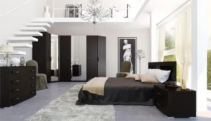 Dormitor cu mobilier wenge inchis si usi realizate din lemn de stejar albit, design interior, cu dulap