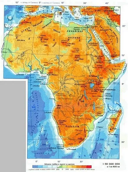 Földrajzi (fizikai) és a politikai térkép Afrika térkép Orosz országban, sivatagok és hegyek