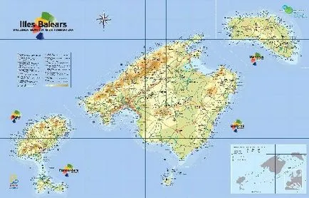 Карта на Балеарските острови - Майорка, Менорка, Ибиса, Палма де Майорка на картата на света и т.н.