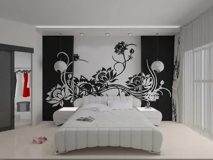 Desene pe perete în proiectarea dormitor și layout-ul, un frumos perete accent, o fotografie, idei diferite de pictura