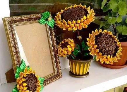 Floarea soarelui Topiary de panglici de cafea și satin maestru de clasă cu mâinile lor proprii, cafea, pas cu pas fotografii,