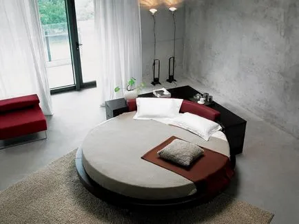 Tervezz egy hálószoba egy kerek ágy, egy gyönyörű klasszikus és modern modellek, transzformátorok,