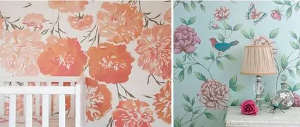 Wallpaper cu flori în fotografie de interior, flori pe perete, maci mari, trandafiri, buchete mici de bujori albi, 3d
