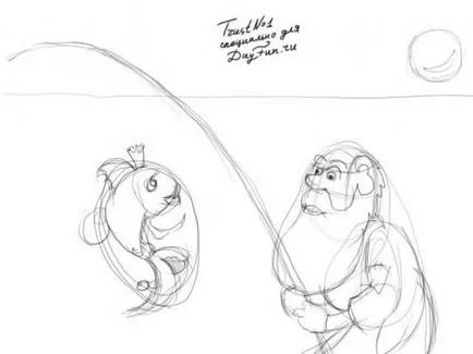 Cum de a desena o poveste despre pescarul și etapele creion de pește de aur