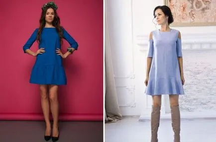 modă rochie trapez - lung și scurt, cu mâneci și o smucitură de sifon si dantela, denim