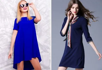 modă rochie trapez - lung și scurt, cu mâneci și o smucitură de sifon si dantela, denim