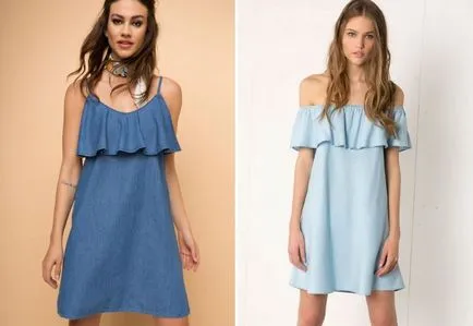 modă rochie trapez - lung și scurt, cu mâneci și o smucitură de sifon si dantela, denim