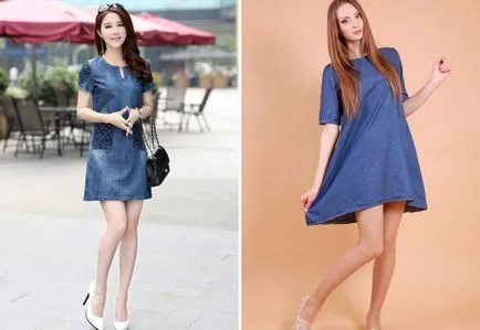 modă rochie trapez - lung și scurt, cu mâneci și o smucitură de sifon si dantela, denim