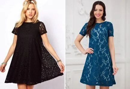 modă rochie trapez - lung și scurt, cu mâneci și o smucitură de sifon si dantela, denim