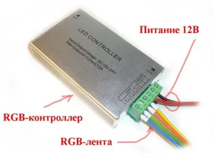 Схема підключення rgb світлодіодним стрічки до rgb-контролера і підсилювача (схема) Схема підключення rgb світлодіодним стрічки до rgb-контролера і підсилювача
