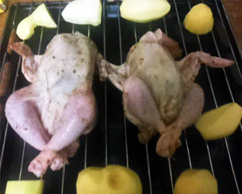 Пиле с плънка от месо и печени картофи