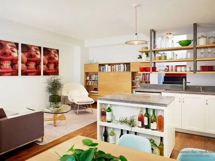 Belső nappali nyitott konyhával (50 fotó) legjobb ötletek