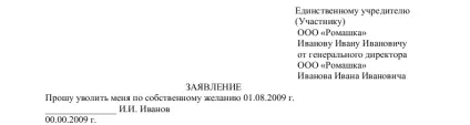 Звільнення генерального директора ооо за власним бажанням - порядок процедури, зразок заяви (звільнення) Звільнення генерального директора ооо за власним бажанням - порядок процедури, зразок заяви