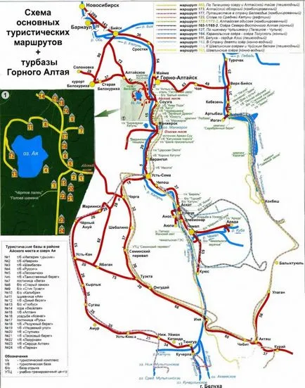 Карта схема на основните туристически маршрути около основата на Алтай