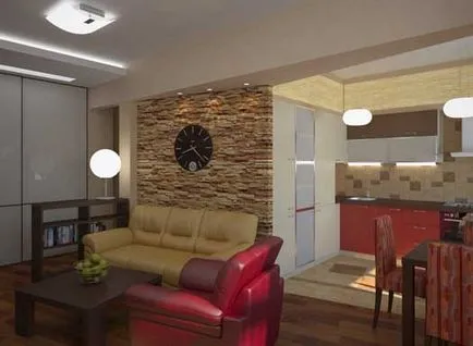 Interiorul dispune de o cameră de bucătărie-living combinat, fotografii posibile opțiuni de design