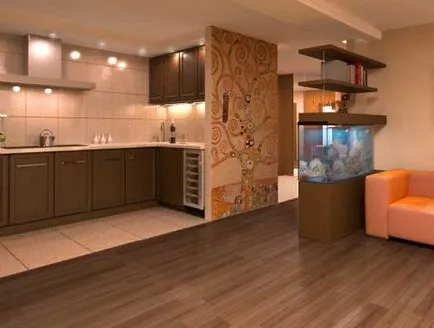 Interiorul dispune de o cameră de bucătărie-living combinat, fotografii posibile opțiuni de design