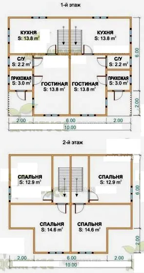 къща проект от лепени профилирани дървен материал за две семейства