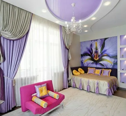 Purple függöny a hálószoba és a konyha tekercs belsejében a nappali, a design a világos és sötét