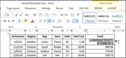 Cum se calculează datele în rânduri și coloane cuvântului tabel 2013
