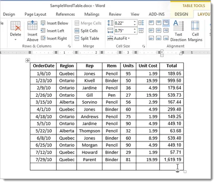 Hogyan számoljuk ki az adatokat sorok és oszlopok a táblázat szó 2013