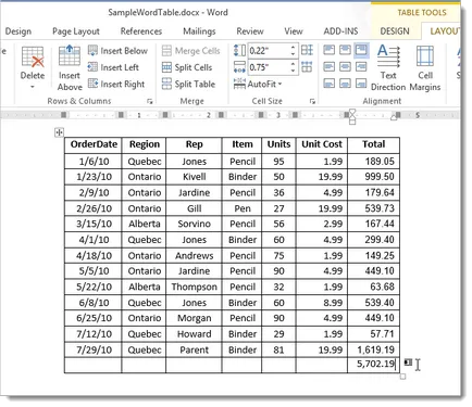 Cum se calculează datele în rânduri și coloane cuvântului tabel 2013