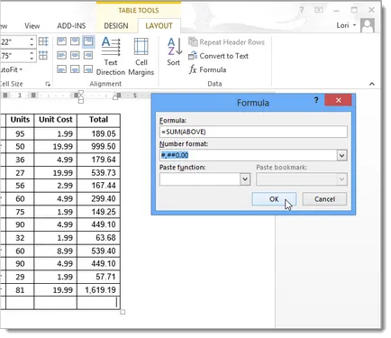 Как да се изчисли данните в редове и колони на таблица дума 2013