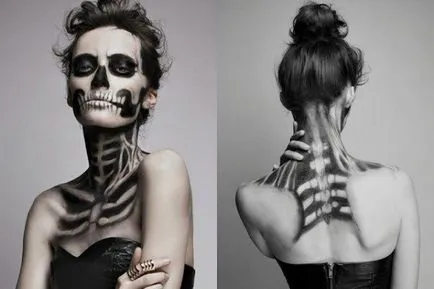 csontváz smink Halloween, lépésről lépésre technikák létrehozása smink koponya