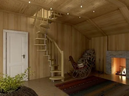 А вита стълба със собствените си ръце, изработени от дърво и дървени фигури на втория етаж, снимка на лог