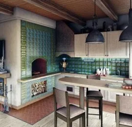 Design interior bucătărie într-o casă de lemn din busteni din lemn, cu cuptor, sa