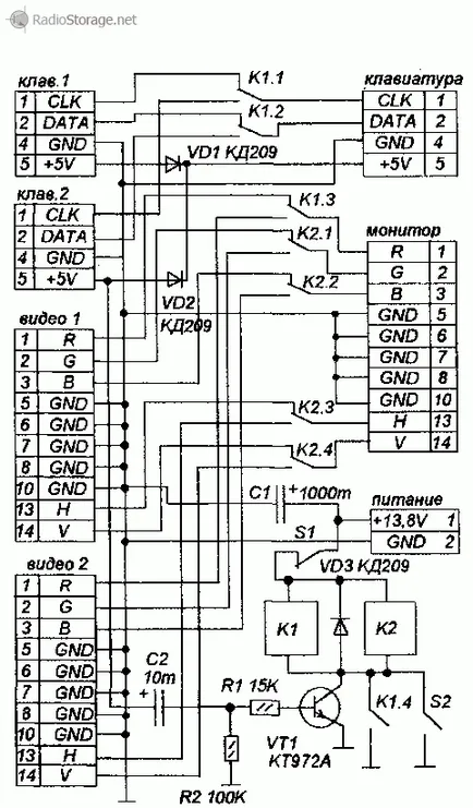 Egy egyszerű kapcsolóval számítógépes konzol a tranzisztor és a relé (KVM switch)