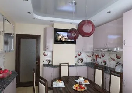 Bucătărie cu conductă de ventilație și proiecția în colțul de proiectare foto și aspectul interiorului