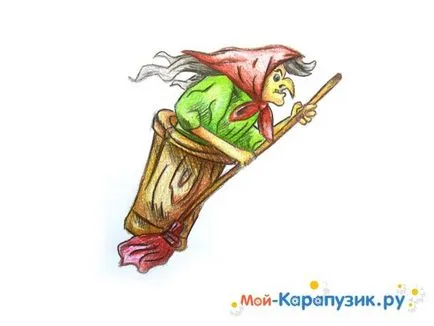 Cum să atragă Baba Yaga într-un mojar cu un creion în etape