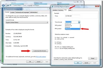 Állítsa be az időt formátumban (óra jobbra lent) a Windows Vista - am, pm 24 - lopakodó beállítások