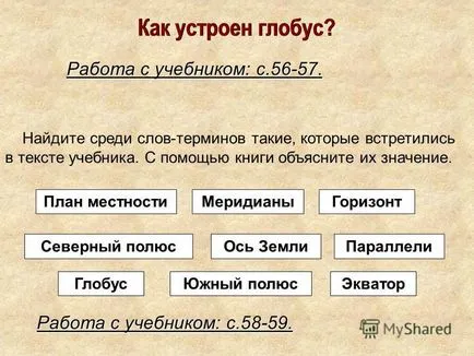 Представяне на начина на работа на земното кълбо с учебника да се намери сред термини такива думи,