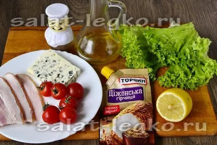 Saláta, paradicsom, szalonna, sajt mártással - recept fotók