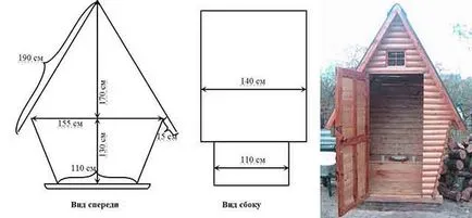 WC suburbană din lemn cu fotografii mâini, desene, schema lor de construcție