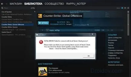 Eroare fatală nu a reușit să se conecteze cu proces local Steam client cs go