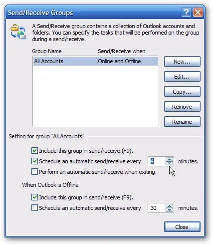 Setarea automată trimiterea și primirea în intervalul Outlook