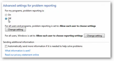 dezactiva raportarea erorilor în Windows 7, XP, Vista - suport de utilizator Windows 7-xp