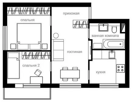 Replan apartament cu 2 camere în Hrușciov 1-515