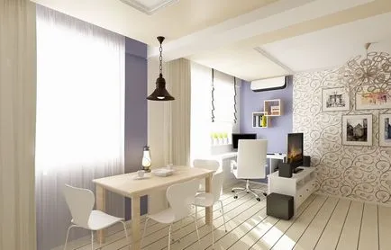 Amerikai konyha-étkező-nappali fotó sovmeschenin, U-alakú átalakítás a terem, helyiség kialakítása