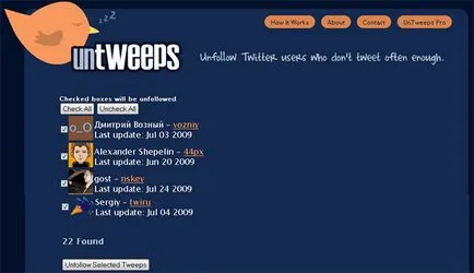Szolgáltatás untweeps (Twitterre) - távolítsa el az inaktív tvitteryan