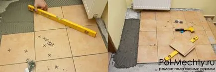 Полагане на керамични плочки с ръце на дървения под и замазка