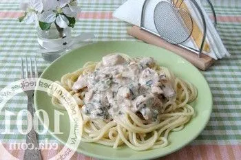 Főzni spagetti csirkehús tejszínes mártásban - meleg ételek