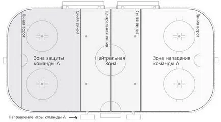 Игрище за хокей размери, страна, врати, прозорци, линии, точки хвърлят, целта зона, пейки