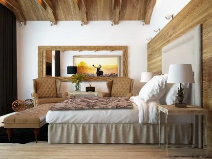 Дървен таван спалня декорация и подове, мебели от масивна дървесина в интериора на дома, малка дизайн