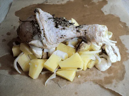 Картофи с гъби и пиле на фурна