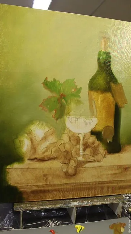 Scrierea încă de viață, cu o sticla de praf, struguri și un pahar de vin